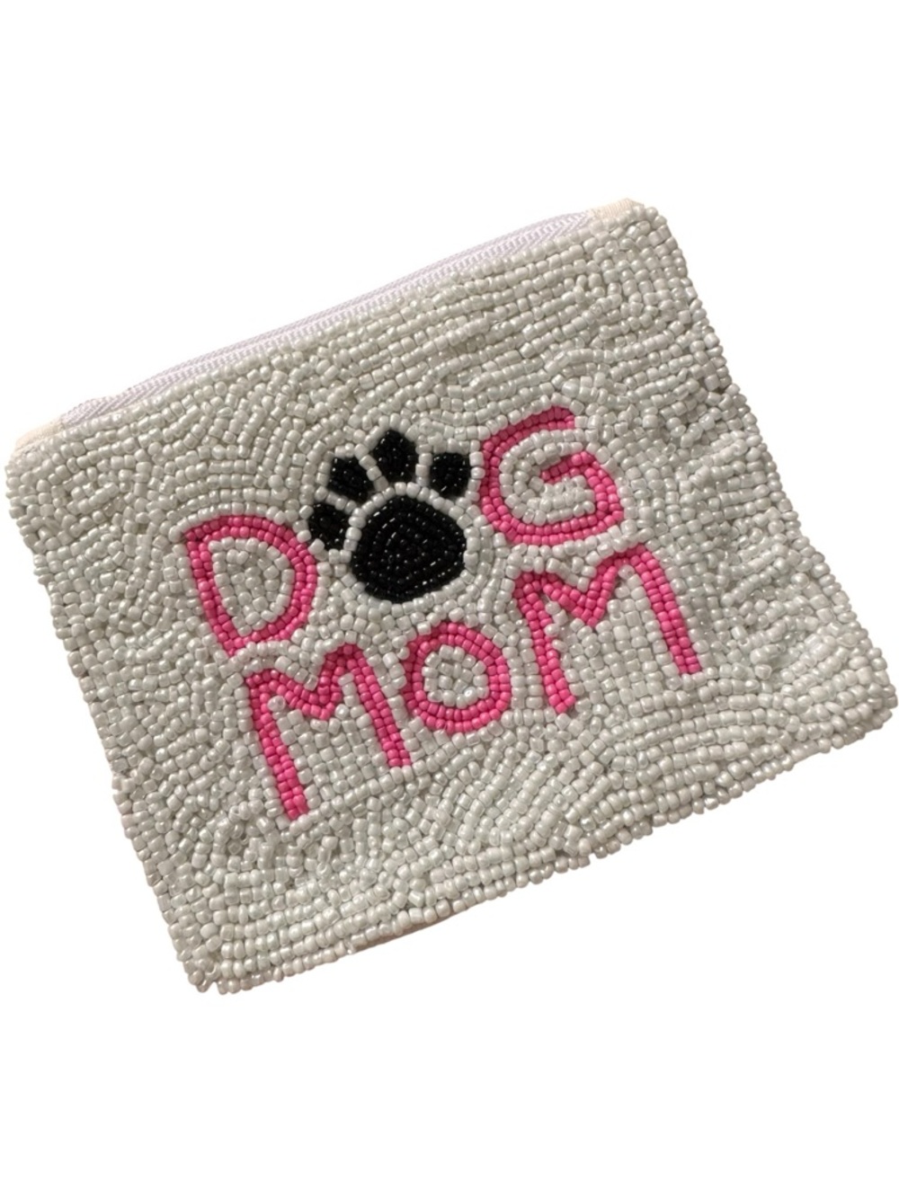 Handmade Dog Mom Beaded Pouch White with Pink & Black New!